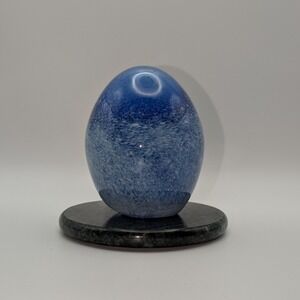 Blue Speckled Art Glass Egg Paperweight Hand Blown Cobalt Ombre Desk Decor